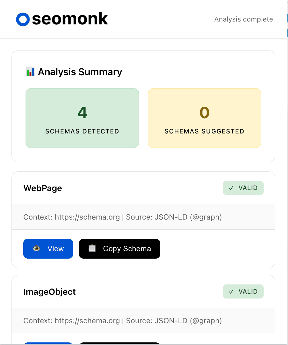 Schema Detection - SEOMonk Chrome Extension showing detected schemas
